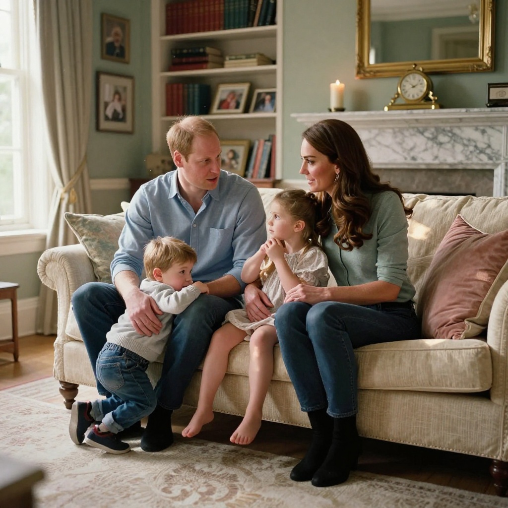 Prince William parenting style during emotional family conversation with Catherine and children in a warm home setting