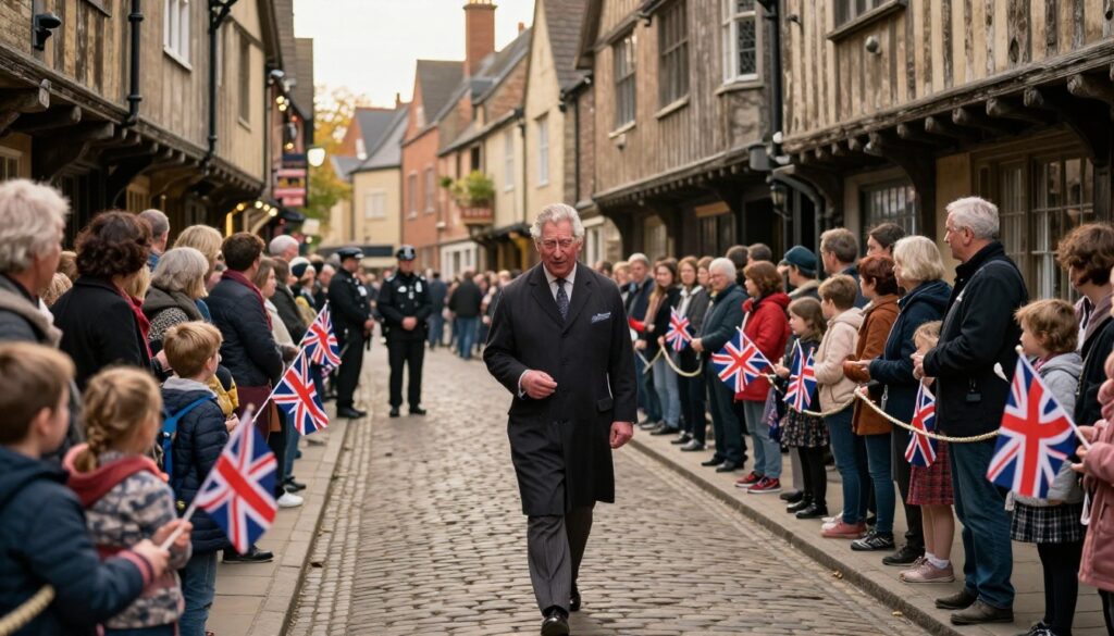 King Charles North Yorkshire tour crowd in York Shambles street with flags and historic buildings