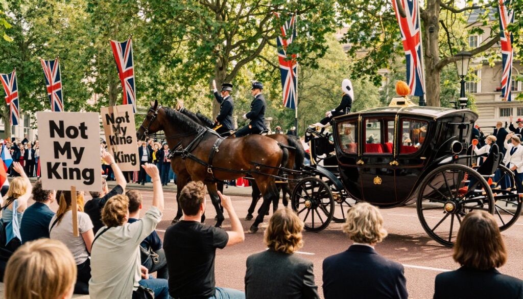 Anti-Monarchy Protesters at the Parade holding "Not My King" signs during a royal ceremony in London