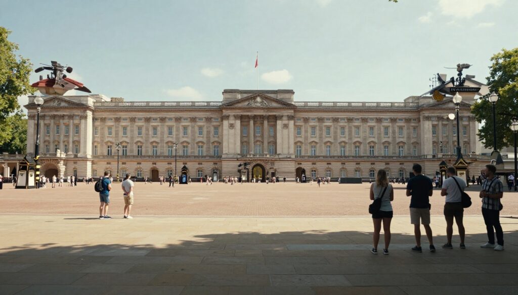 Tourists reacting to Guard Change heatwave cancellation outside Buckingham Palace during hot weather in London
