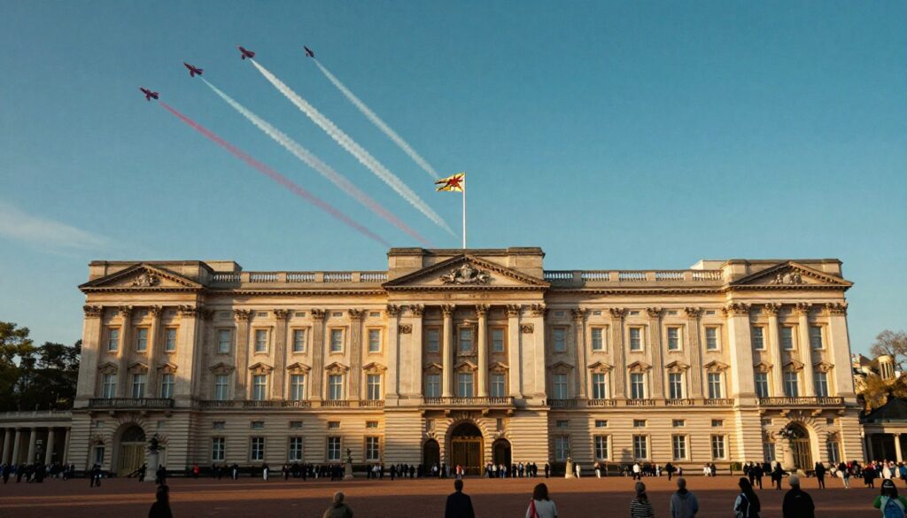 Trooping the Colour 2026 Buckingham Palace balcony with King Charles III, guards, horses, and Union Jack flags during ceremony