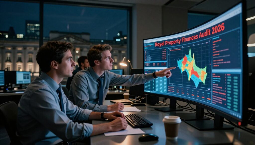 Newsroom scene with journalists analyzing Royal Property Finances Audit 2026 data on screens showing charts, housing costs, and royal property financial records.