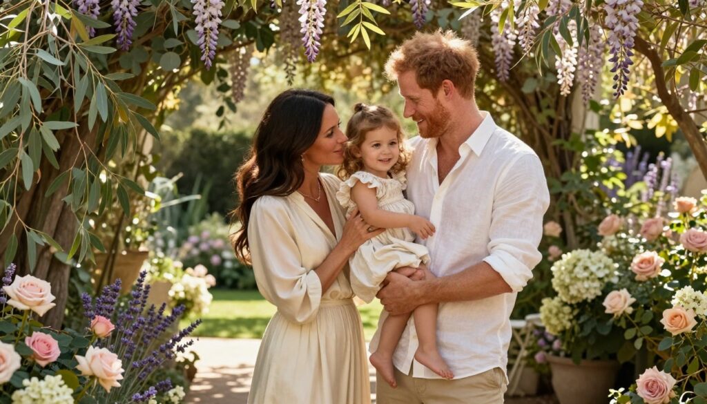 Princess Lilibet birthday celebration image of Meghan Markle and Prince Harry enjoying a relaxed garden setting with Lilibe