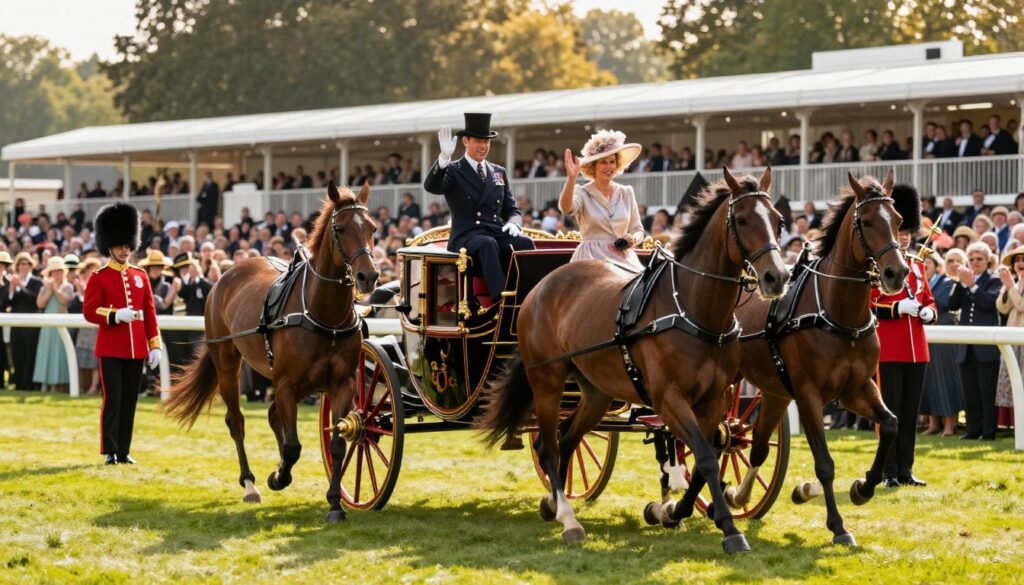Royal Ascot 2026 royal family procession with King Charles and Queen Camilla waving to crowds at horse racing event in Berkshire
