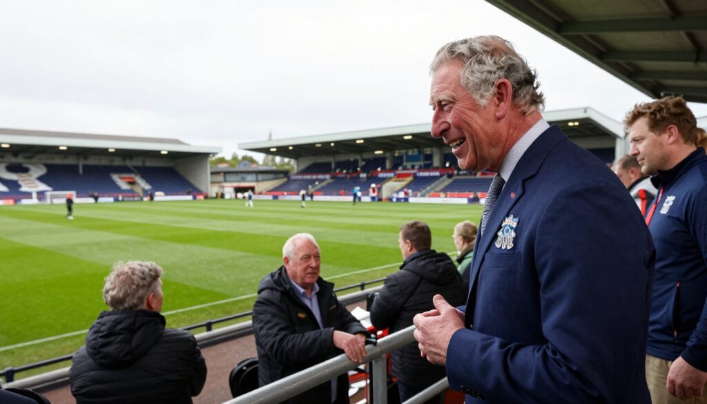 King Charles Grimsby visit at Blundell Park football ground interacting with local staff and community members