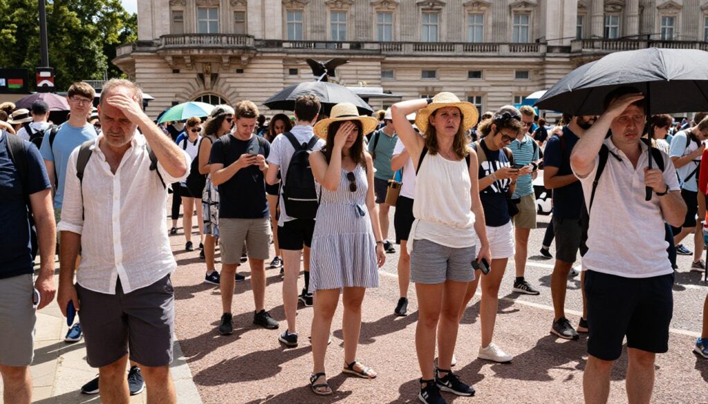 British guards standing in uniform during Guard Change heatwave cancellation under intense heat at Buckingham Palace